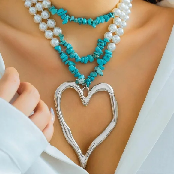 Heart Necklace Silver Pendant Turquoise and Pearl Strands - Picture 7 of 11